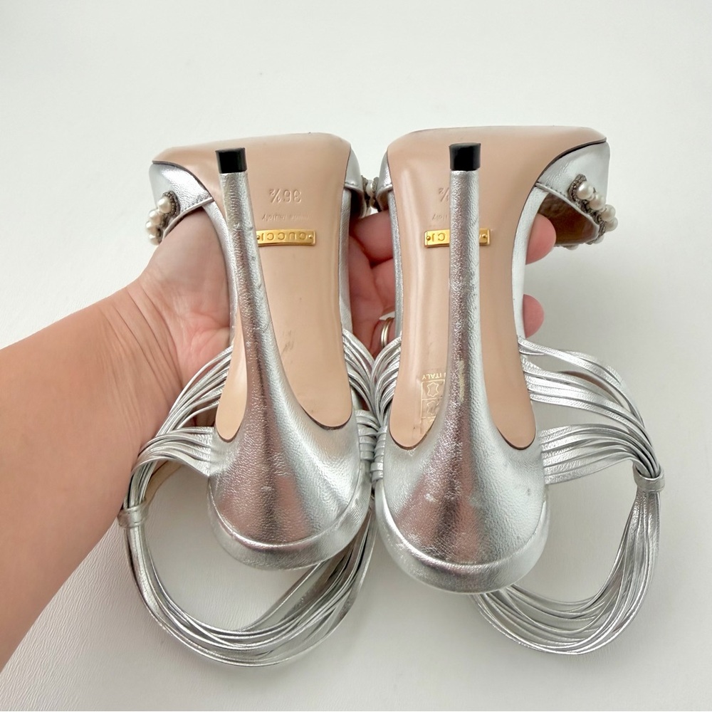 GUCCI || Allie Bow Metallic Pearl Crystal Sandals Silver Strap Heels  EU 36.5 - Picture 14 of 15